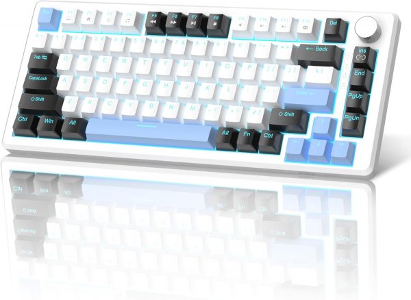 MageGee 75% Mechanical Gaming Keyboard, Compact Blue Backlit Wired Gaming Keyboard with Brown Switches, EVA Foam, Knob Control, STAR75 Portable NKRO PC Gaming Keyboard - White & Blue
