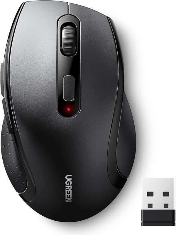 UGREEN Wireless Mouse, 2.4G Ergonomic Optical Mouse, Computer Mice for Laptop, 1600 DPI, 3 Adjustment Levels, 6 Buttons, 12 Months Battery Life, USB Mice for Laptop, PC, Chromebook, Notebook, Black