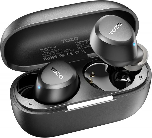 TOZO A1 Wireless Bluetooth Headphones, Lightweight Bluetooth 5.3 Headphones, IPX5 Wireless Bluetooth Headset with High Fidelity Sound, Charging Case, Touch Control Black